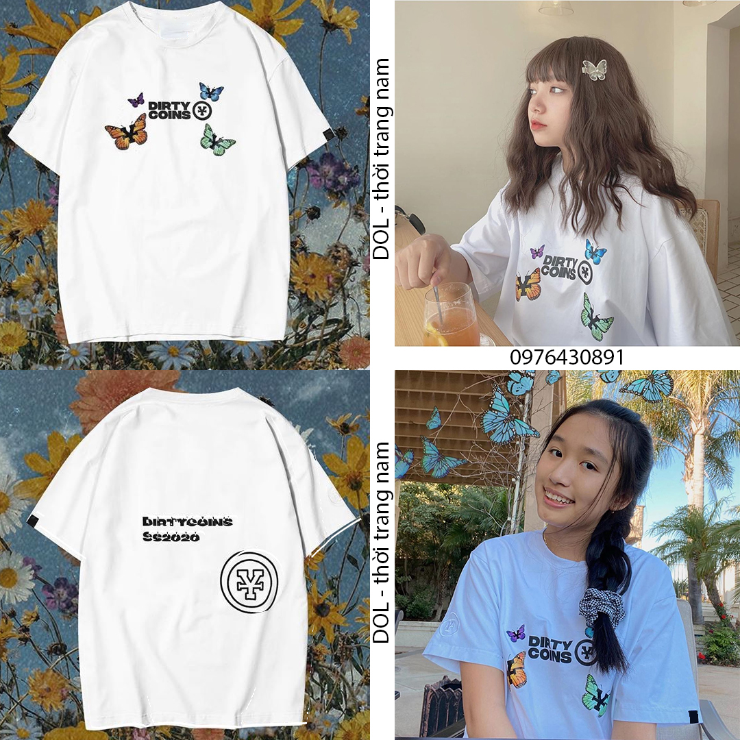 Áo Thun Unisex DIRTY COINS bươm bướm vai rộng tay lỡ, Thêu tay chất vải cotton xịn mát co dãn 4 chiều cao cấp ( xem thêm trong video )