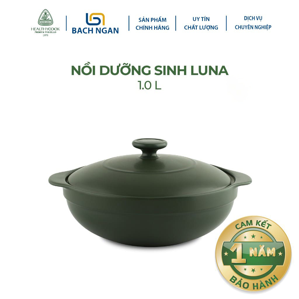 Nồi sứ dưỡng sinh Minh Long Luna cao cấp dùng cho Bếp Ga, Hồng Ngoại 1.0 L, có nắp đậy, tráng men màu sứ xanh rêu, có thể kho cá, hầm cháo - nồi đất