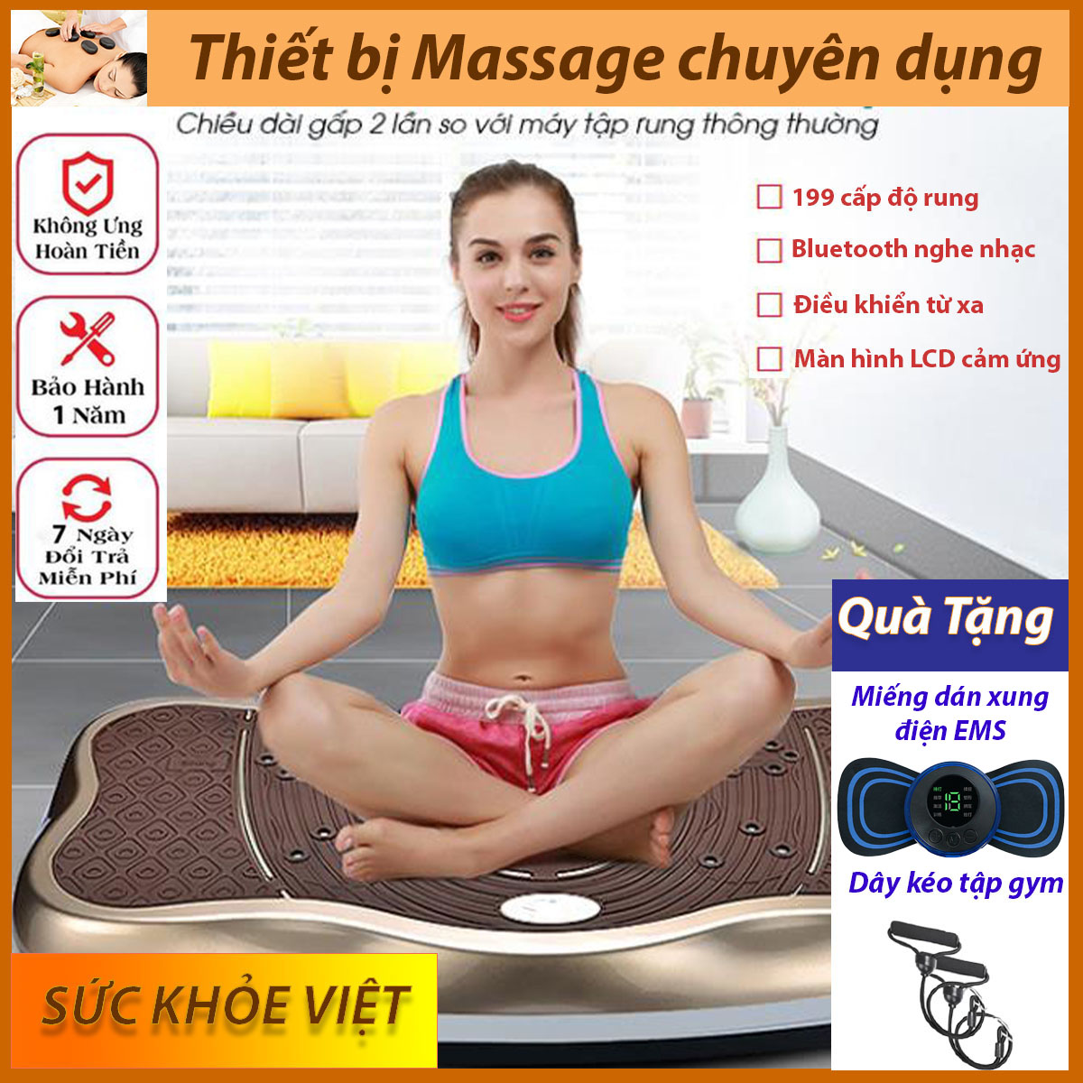 Máy Rung Tập Bụng - Máy Rung Toàn Thân Điều Khiển Từ Xa 199 Cấp Độ, Nghe Nhạc, Kết Nối Bluetooth Đa Năng, Tiện Lợi