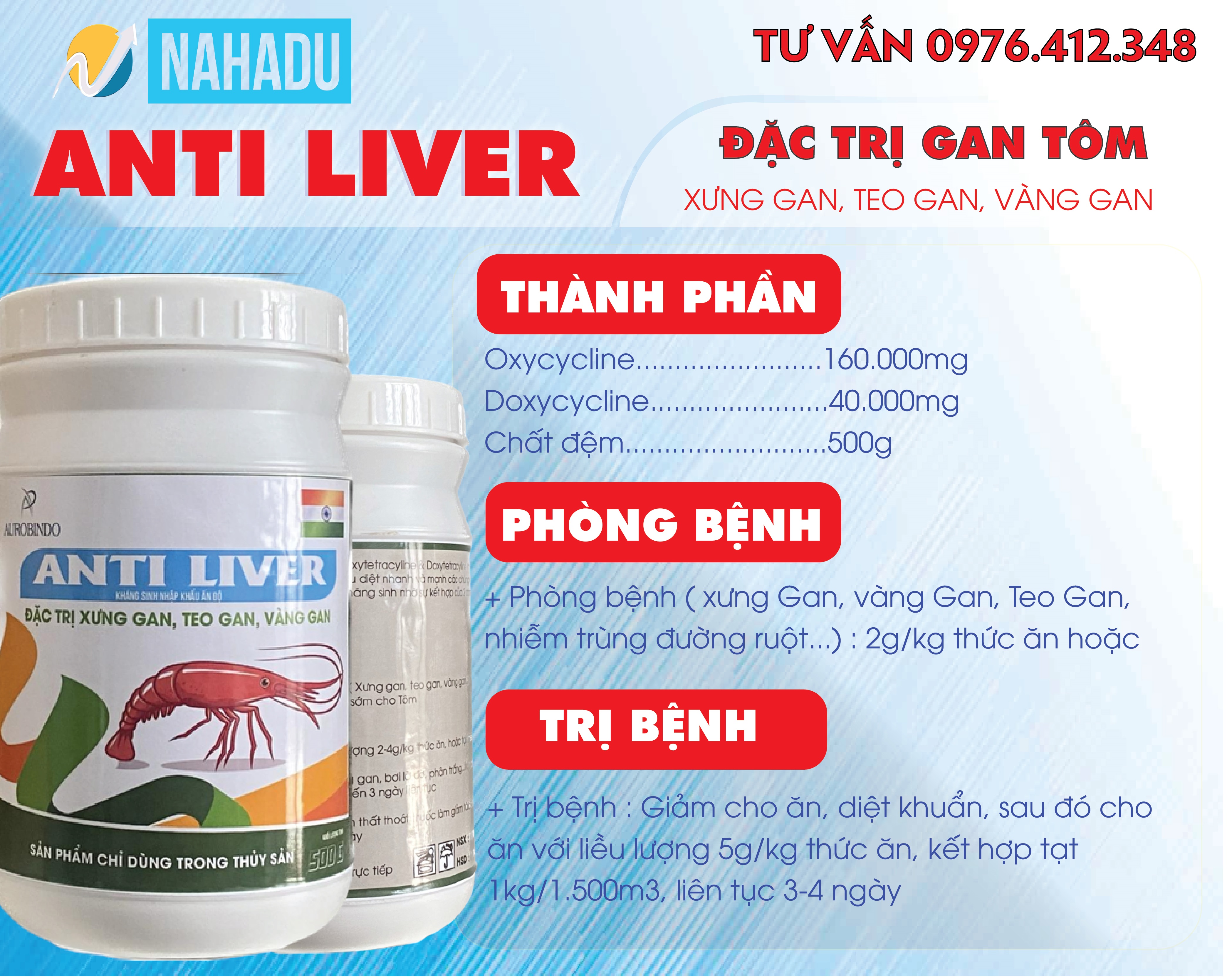 2 hũ 500gr kháng sinh oxytetra chữa gan cho tôm - anti liver 500gr