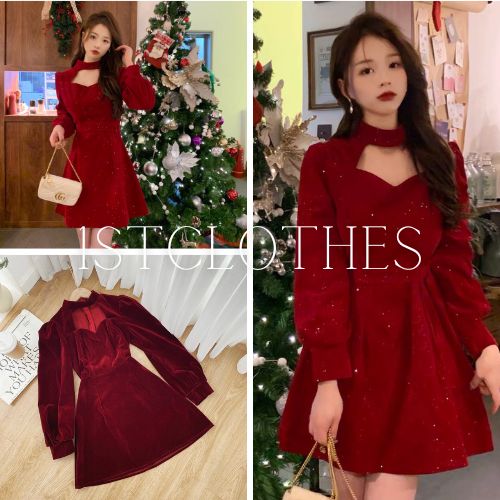 Váy dáng ngắn trơn chocker chất nhung mịn Váy tiểu thư đính màu đỏ tôn da cổ khoét sang chảnh 1STCLOTHES