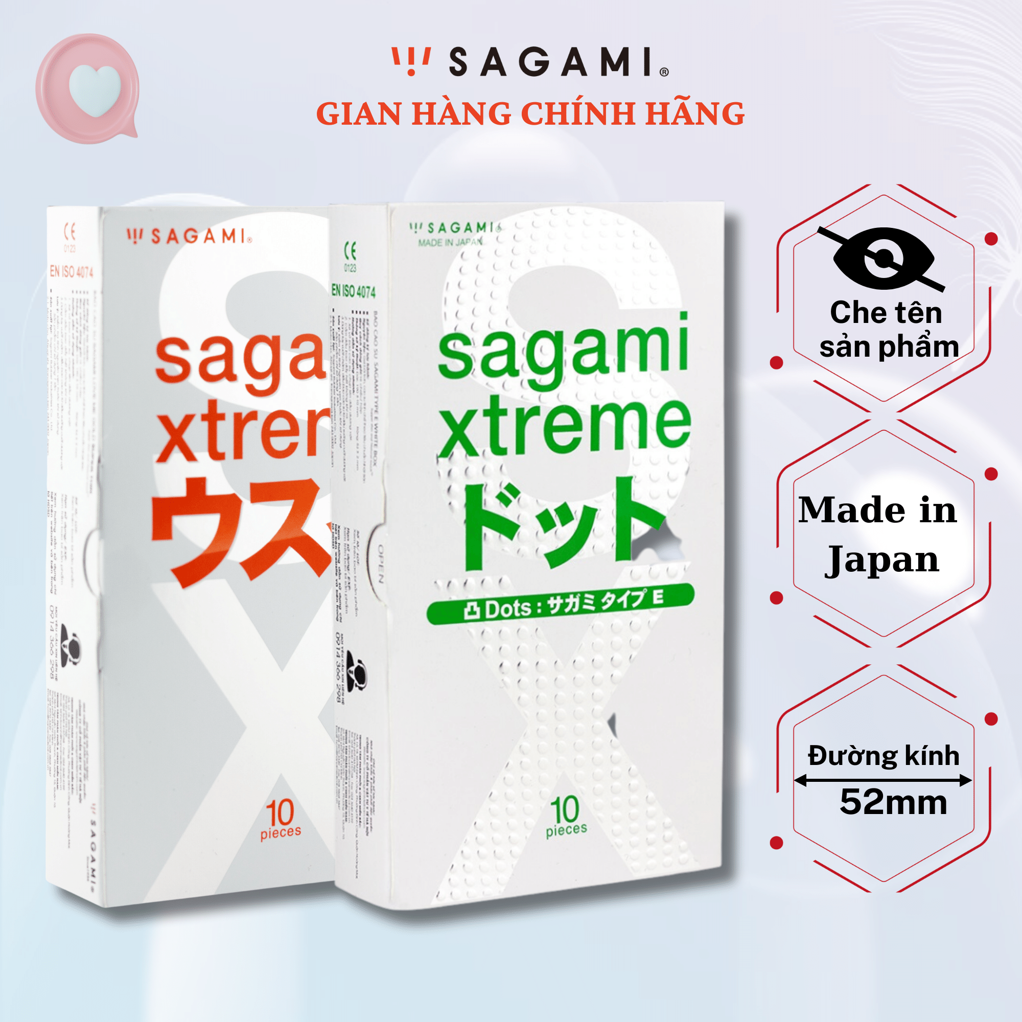 Bao cao su Sagami Xtreme White ( hộp 10 chiếc) - Baocao su nam có gai nhỏ + Baocao su Sagami Superthin (hộp 10 chiếc) - hàng siêu mỏng, co dãn tốt, không mùi, cỡ trung 52