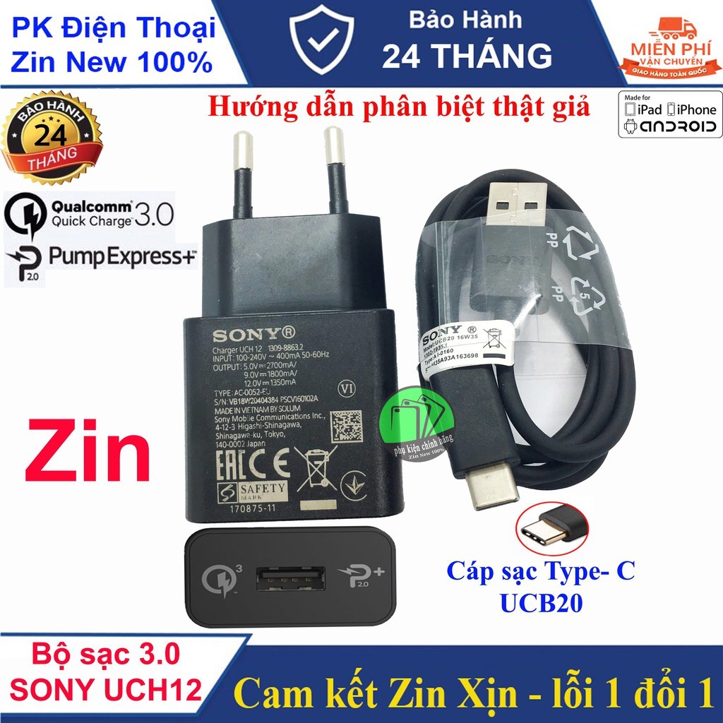 Bộ sạc nhanh 3.0 SONY UCH12 (Quick Charge 3.0), Type -C - BH 2 năm