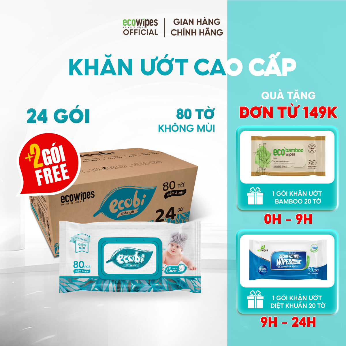 Tặng thêm 2 gói_thùng 24 gói khăn giấy ướt cao cấp an toàn cho bé ecobi ecowipes gói 80 tờ 560g không cồn không paraben