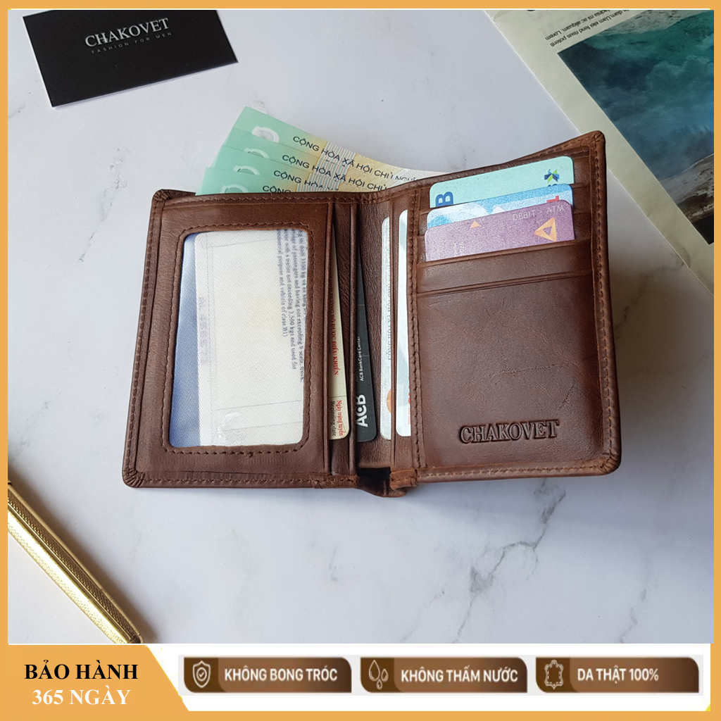 Ví nam da bò sáp dáng đứng CKVD.1125 , Bóp nam da bò thật Chakovet, Ví nam da thật kiểu đứng đựng tiền, thẻ và giấy tờ xe màu nâu sẫm màu bò bền đẹp, sang trọng, Kiểu bóp nam nhỏ gọn trẻ trung thời trang nam