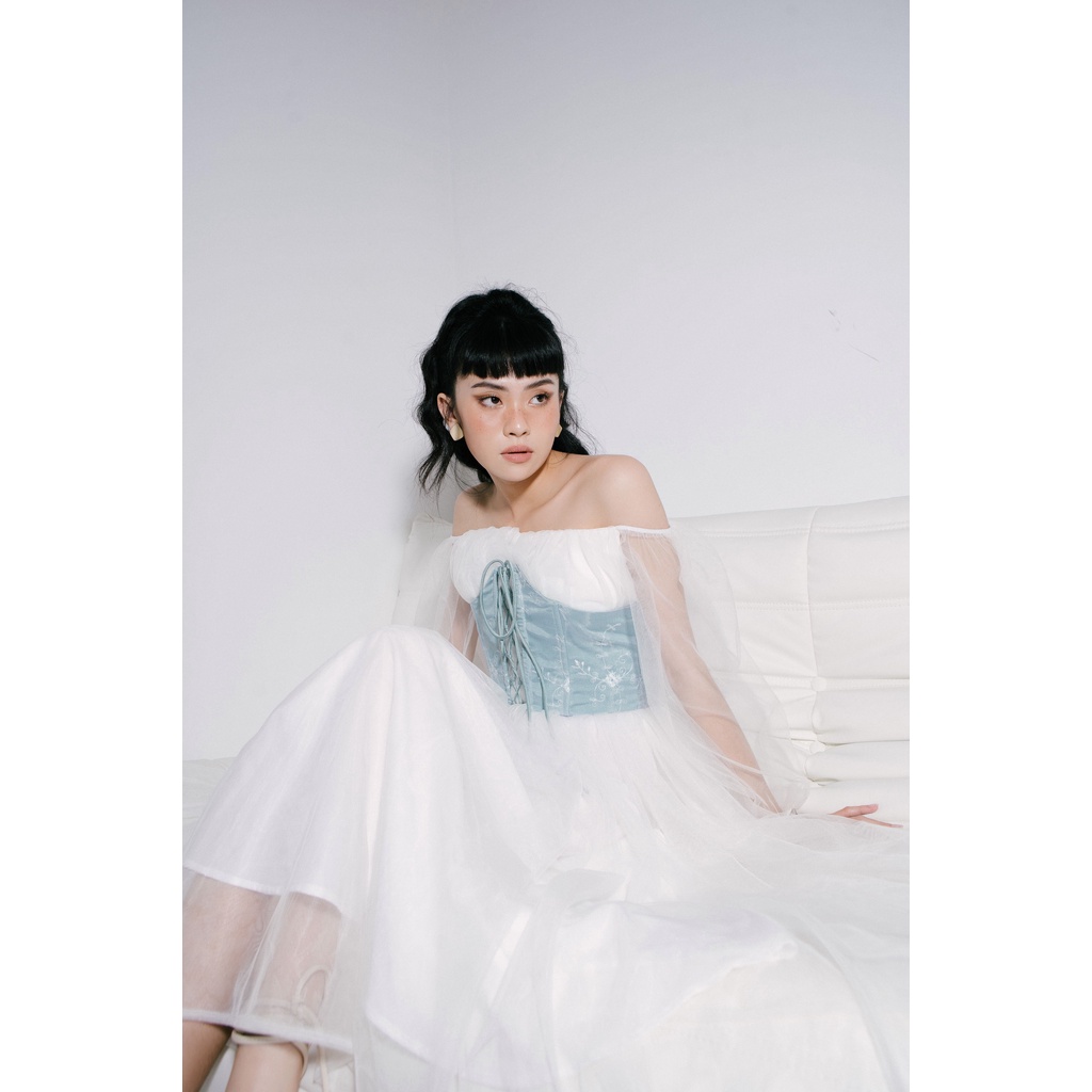 Clélie - đầm adore dress | đầm cotton xòe họa tiết trơn kết hợp beo phối đan dây