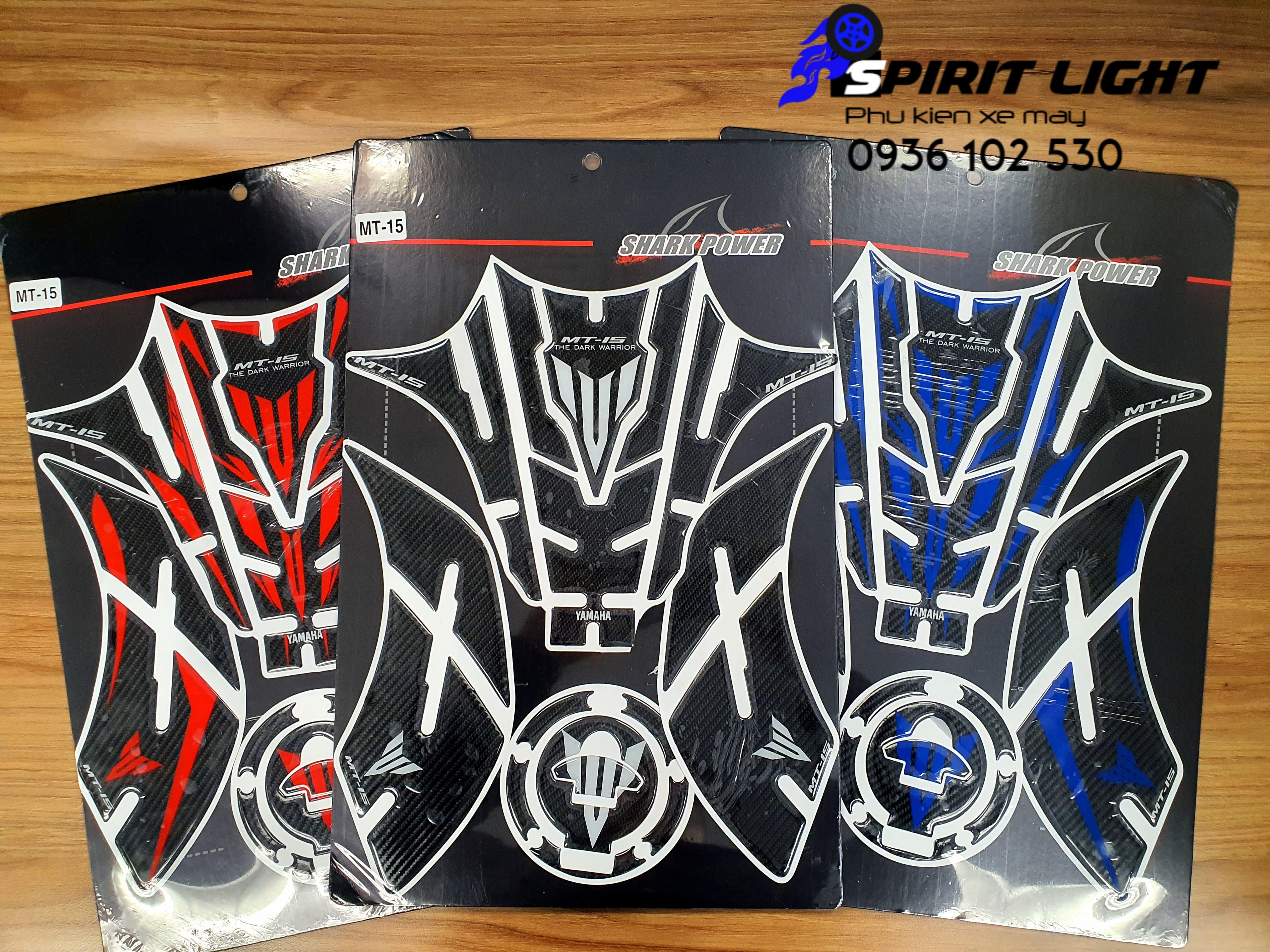 Tem decal dán ốp bình xăng MT15 : nắp, bên hông, xương cá chống trầy, chống trượt Shark Power decan
