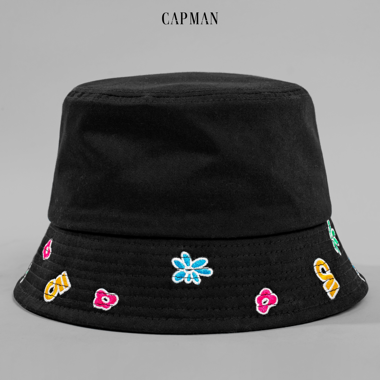 Mũ bucket vành cụp nam nữ CAPMAN màu đen thêu hoa CM07