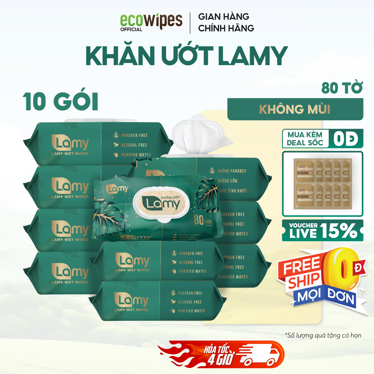 Thùng 10 gói khăn ướt  Lamy 80 tờ không mùi không cồn không paraben cao cấp an toàn cho trẻ sơ sinh