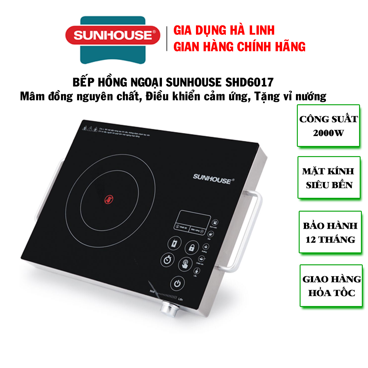 Bếp hồng ngoại cảm ứng Sunhouse SHD6017 - Bếp hồng ngoại Sunhouse - Bếp không kén nồi, Mặt kính chịu nhiệt siêu bền, Công suất 2000W nấu nhanh, bảo hành 12 tháng, Tặng kèm vỉ nướng