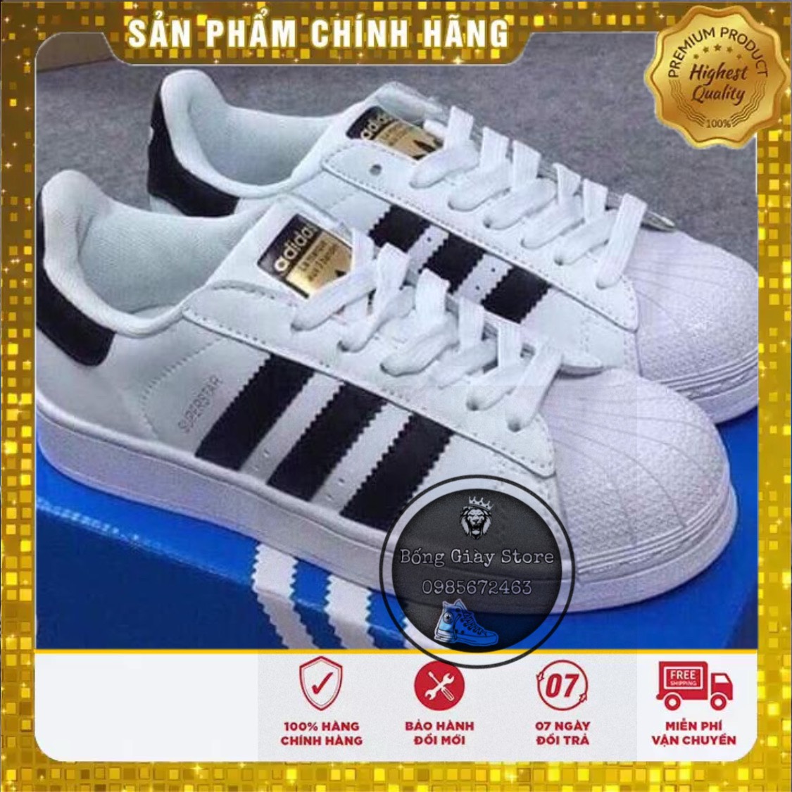 Giày superstar thể thao, sò tem vàng rep 11 cho nam nữ full box bill