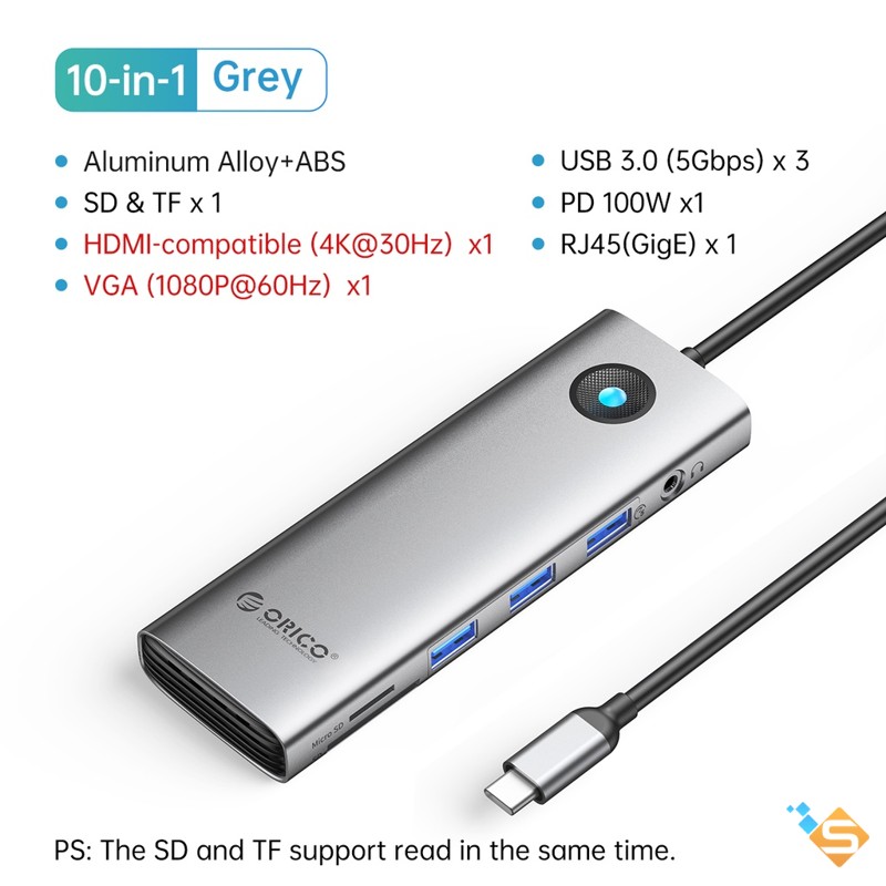 Hub type C ORICO 10-in-1 sang cổng USB 3.0 RJ45 PD 100W 4K 60Hz HDMI dùng cho Macbook Pro (PW11) - Bảo Hành Chính Hãng 12 Tháng Giá 689,000 Đồng*Miễn phí vận chuyển