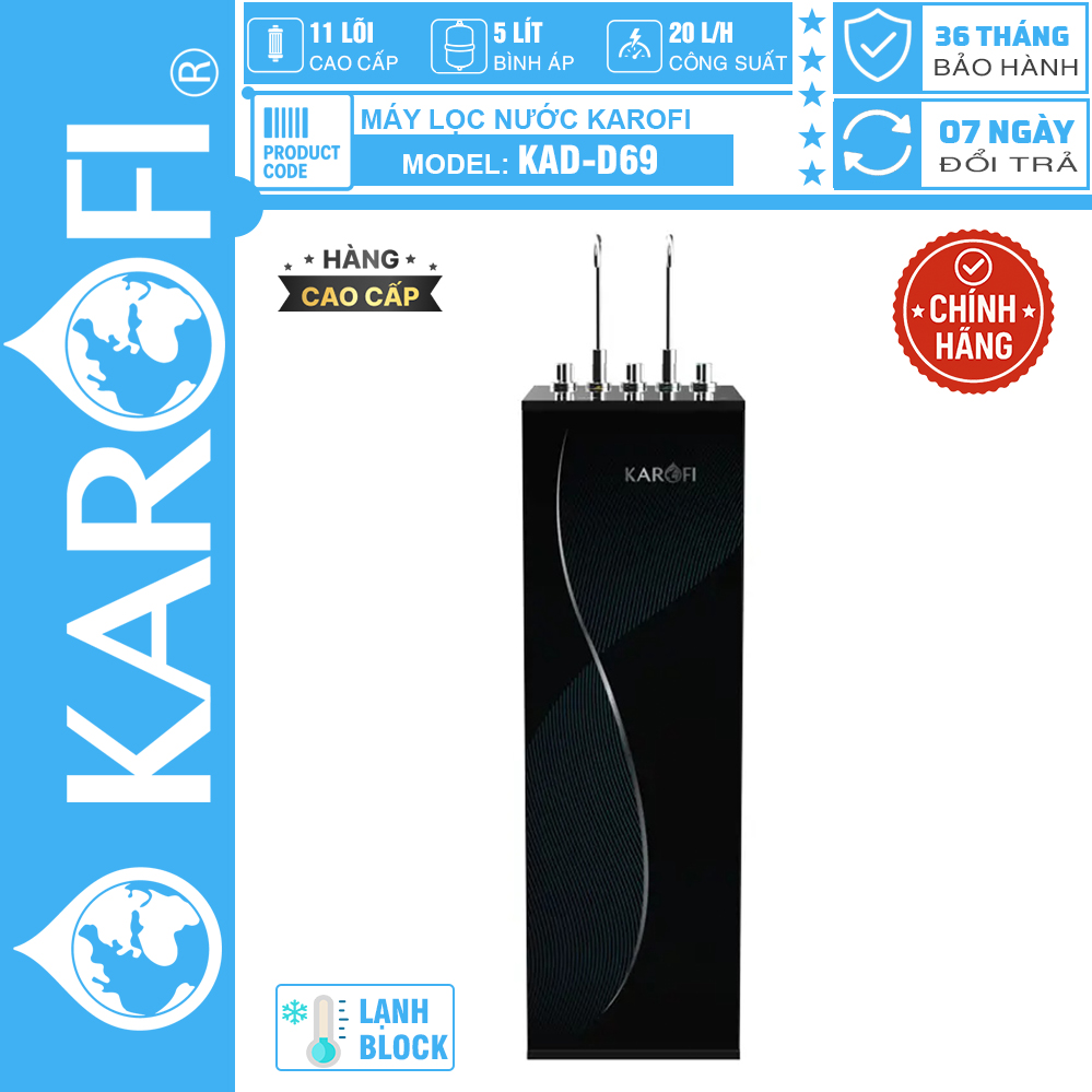 Karofi KAD-D69 Máy Lọc Nước Nóng Lạnh 11 Lõi Smax, RO 100GPD Mỹ, Zitek 4.0, Bảo Hành Tại Nhà 36 Tháng