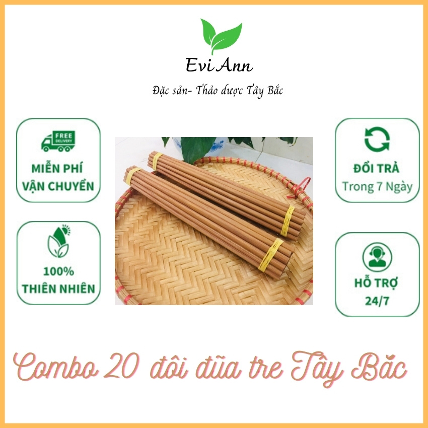 20 đôi đũa tre tây bắc vót thủ công evi ann bóng đẹp tự nhiên, không cong vênh nhuộm màu cây rừng