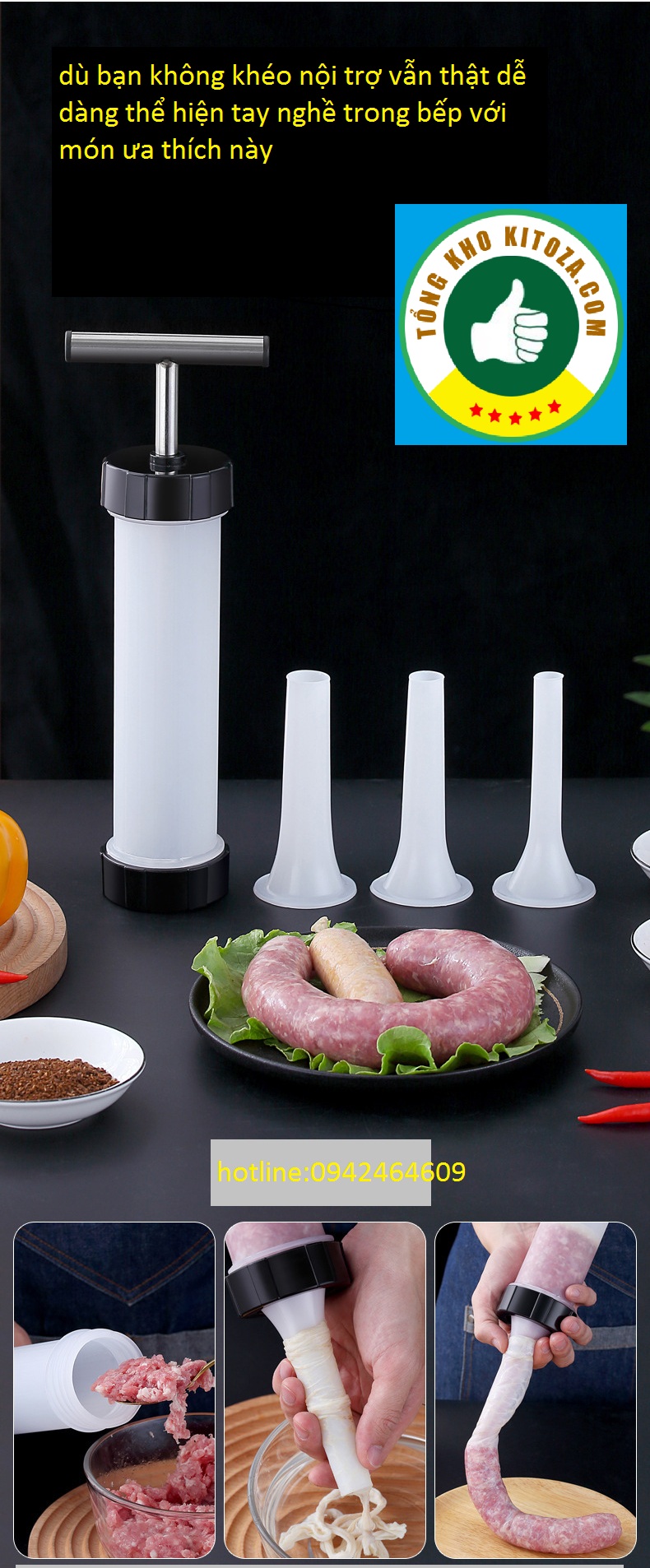 Dụng cụ nhồi đủn đẩy lạp xưởng, xúc xích quay tay-tặng 3 đầu ống nhiều kích thước-hàng cao cấp