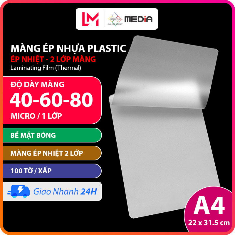 Màng Ép Nhựa Plastic MEDIA Inkjet, Khổ 22 x 31.5cm (A4), Độ Dày Màng 40/60/80 Micro, Loại Màng Ép Nhiệt 2 Lớp, Đóng Gói 100 Tờ