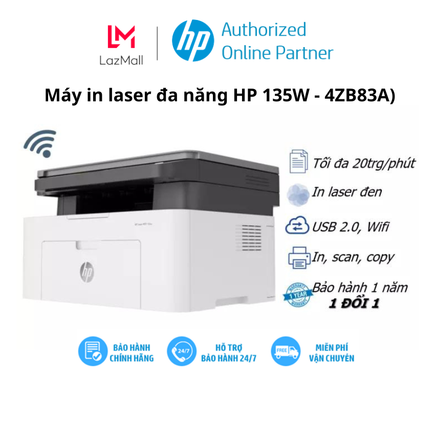 Máy in laser đen trắng đa chức năng hp 135w - 4zb83a - in, copy, scan, wifi