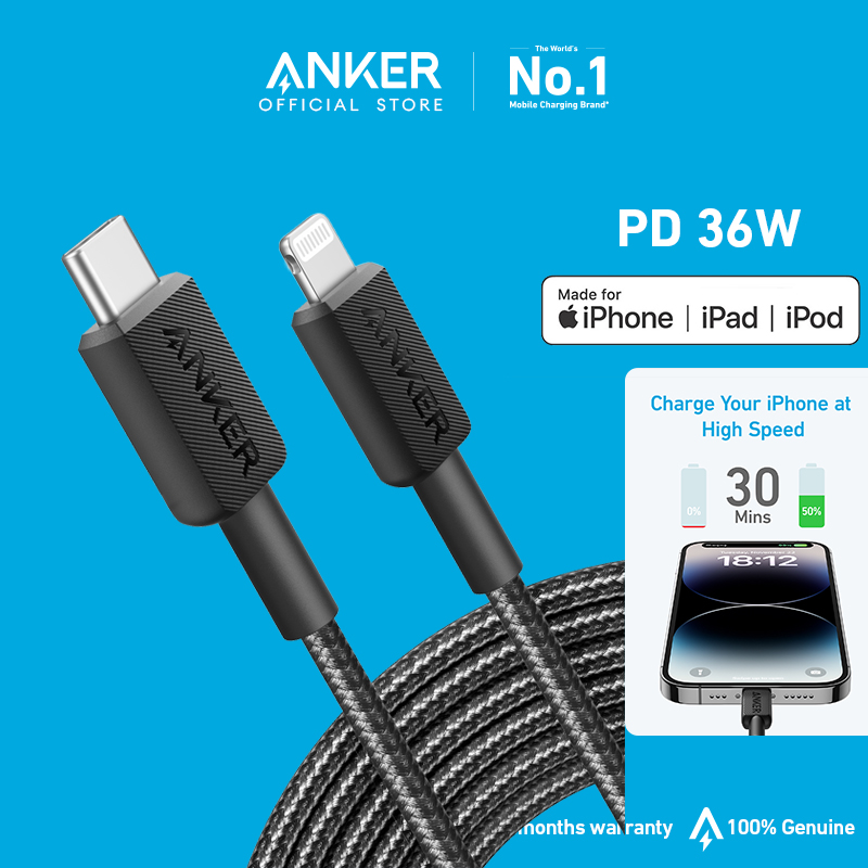 Anker 322 MFI USB-C to Lightning Cable Fast Charging Cable for iPhone 14 Plus 14 14 Pro Max 13 13 Pro iPhone 12 11 XR, cáp dock sạc, dây sạc điện thoại, dây sạc iphone