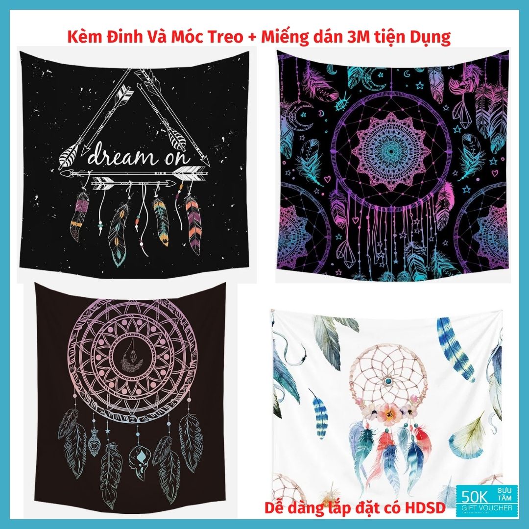 Tranh vải treo tường Decor phòng phong cách Vintage dreamcatcher  KÍCH THƯỚC LỚN 150x130cm Tặng Kèm Móc Treo, Dinh đóng