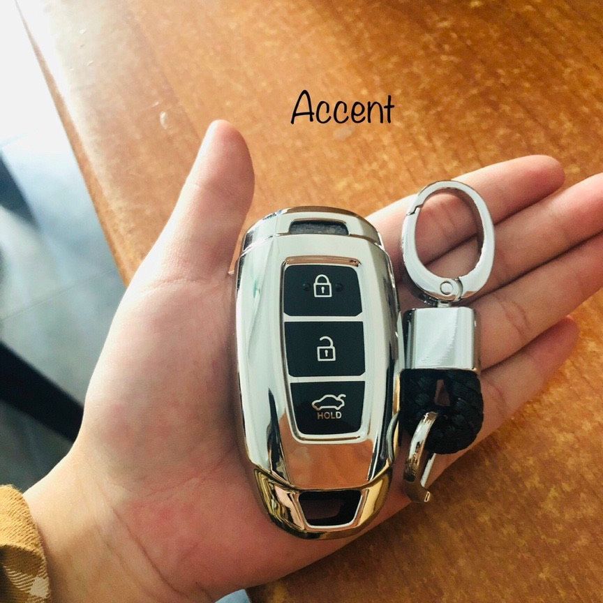 Bao chìa khóa xe Hyundai Kona, Accent 2018 + móc khóa mạ crom cao cấp