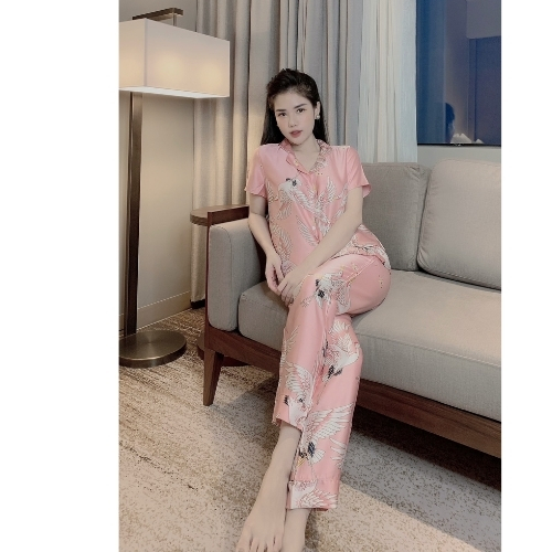 Bộ Pizama lụa Satin - 💖Bộ lụa họa tiết con hạc tay Cộc - Quần Dài