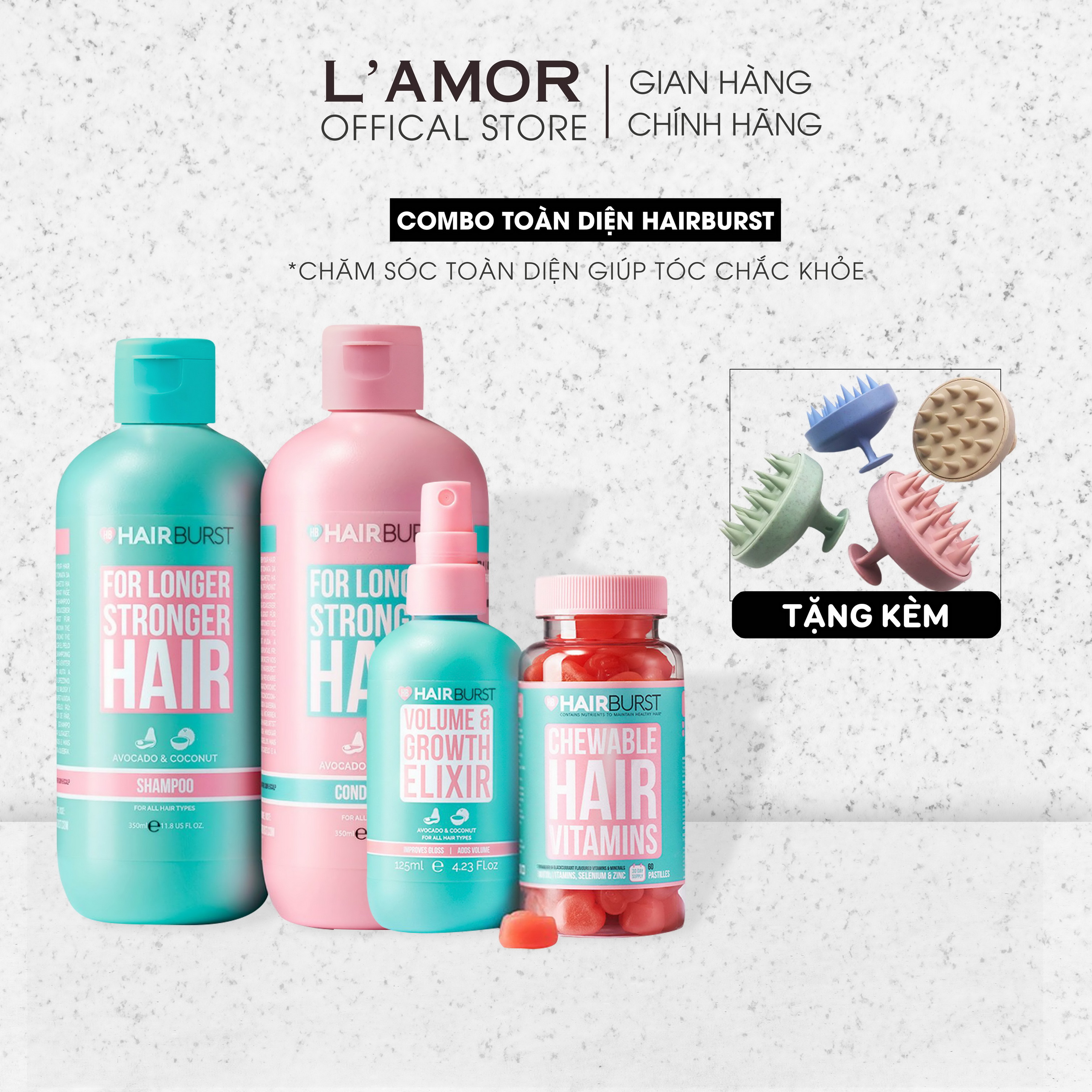Combo chăm sóc tóc hairburst dầu gội xả 350ml/chai + xịt tóc 125 ml + kẹo dẻo 60 viên kích thích mọc tóc , ngăn gãy rụng