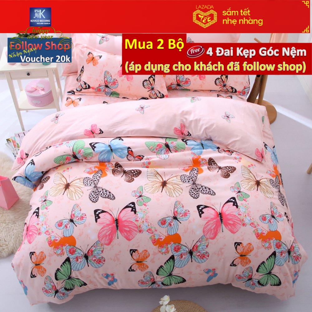 (FreeShip MAX) Bộ Chăn Ga Gối Cotton POLY Kovico Bướm xuân ( Hồng Phớt)