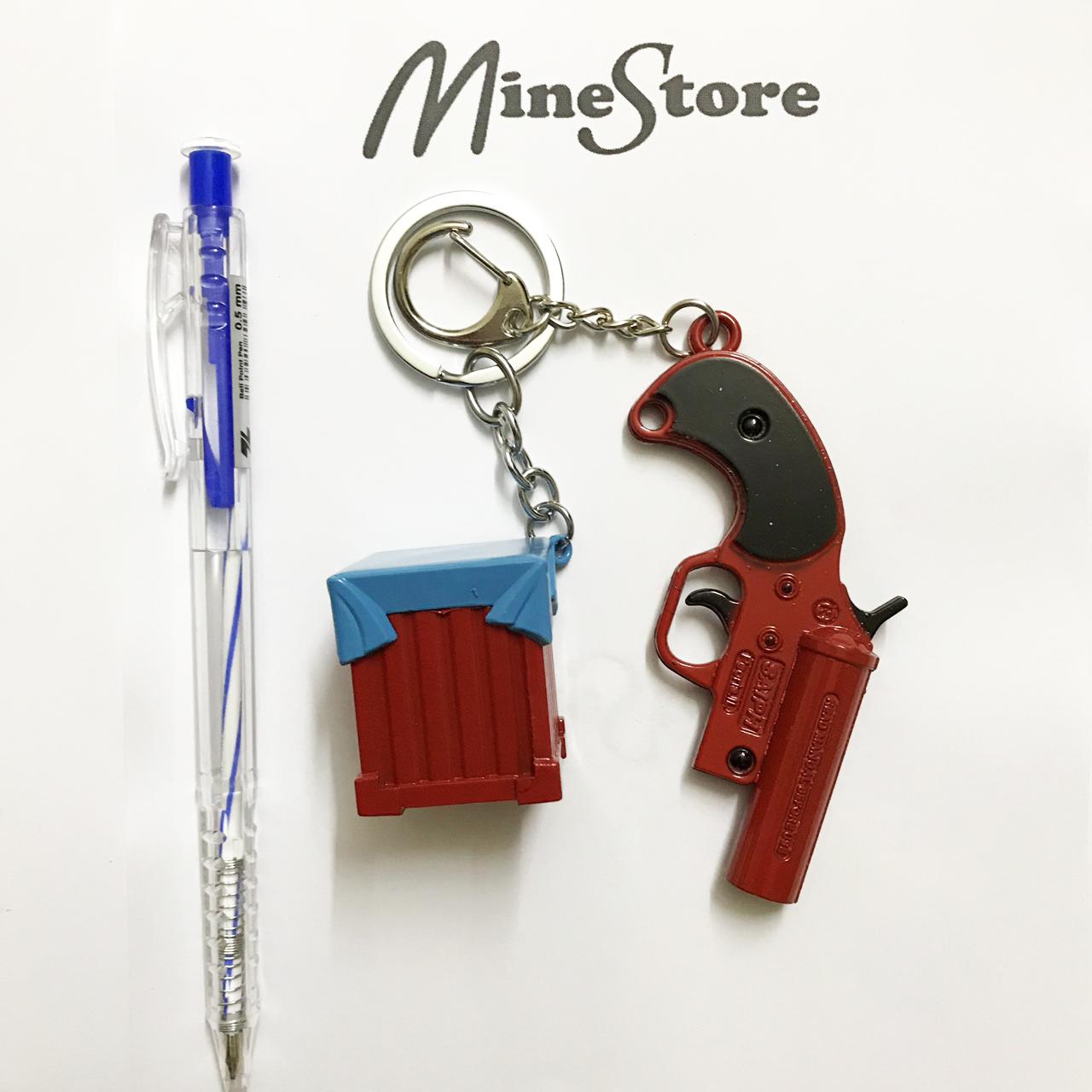 Bộ Hai Móc Khóa PUBG Bao Gồm Hòm Thính Và FlareGun Thính Size 8Cm