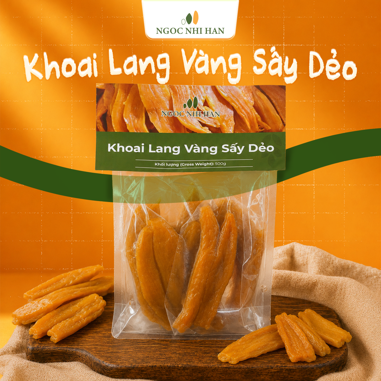 Khoai Lang Vàng Sấy Dẻo Ngọc Nhi Hân Túi Zip 500g - Khoai Lang Sấy Mềm Dẻo, Thơm Ngọt, Ăn Vặt