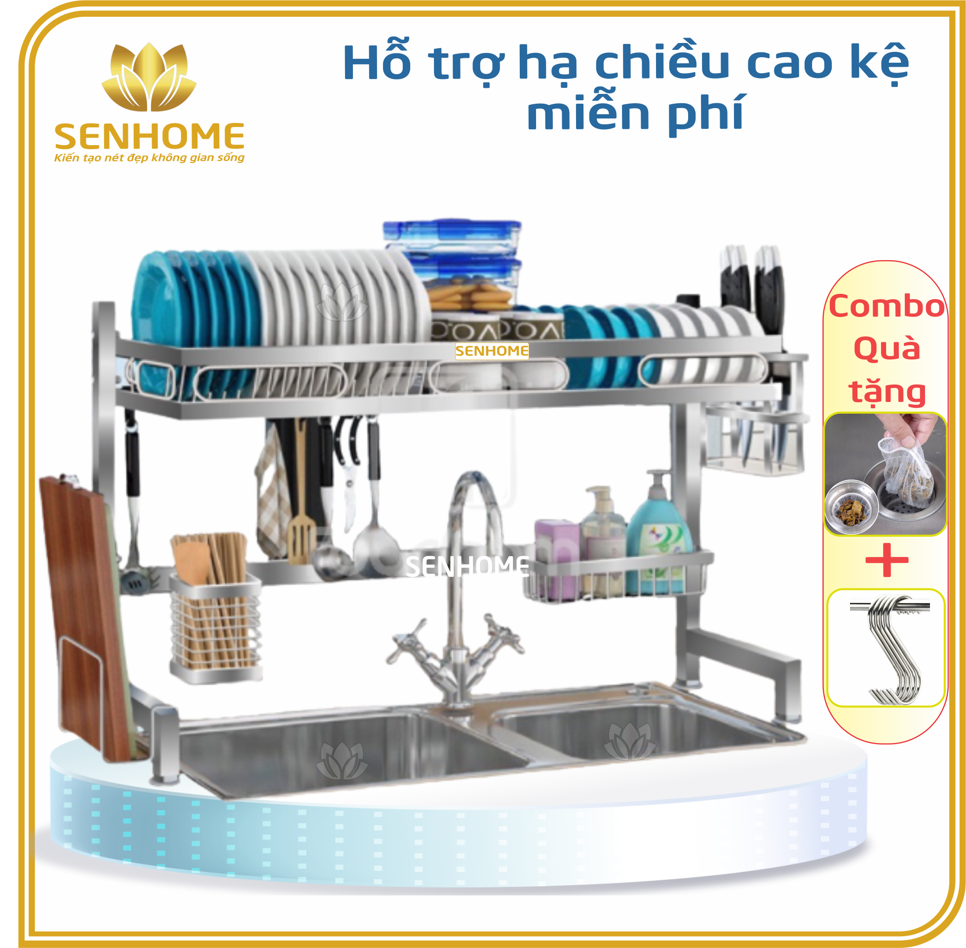 Kệ Úp Chén Bát Inox SENHOME - Kệ Chén Đa Năng Inox Để Trên Bồn Rửa - Kệ Để Chén Loại 1 tầng, Size 85cm - Hàng Chính Hãng, Bảo Hành 12 Tháng