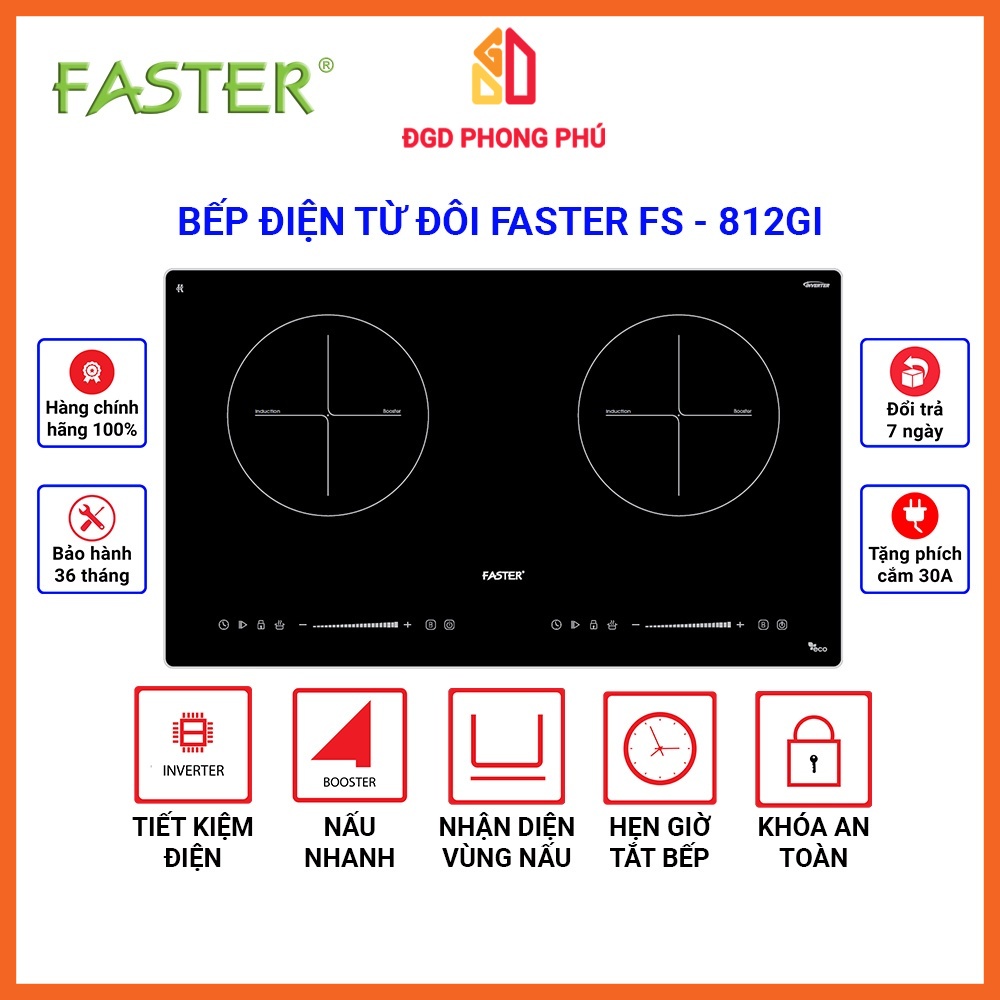 Bếp từ đôi faster fs - 812gi/ 812hi. bếp điện từ đôi, inverter tiết kiệm điện, để âm - dương đều được - bảo hành 3 năm.