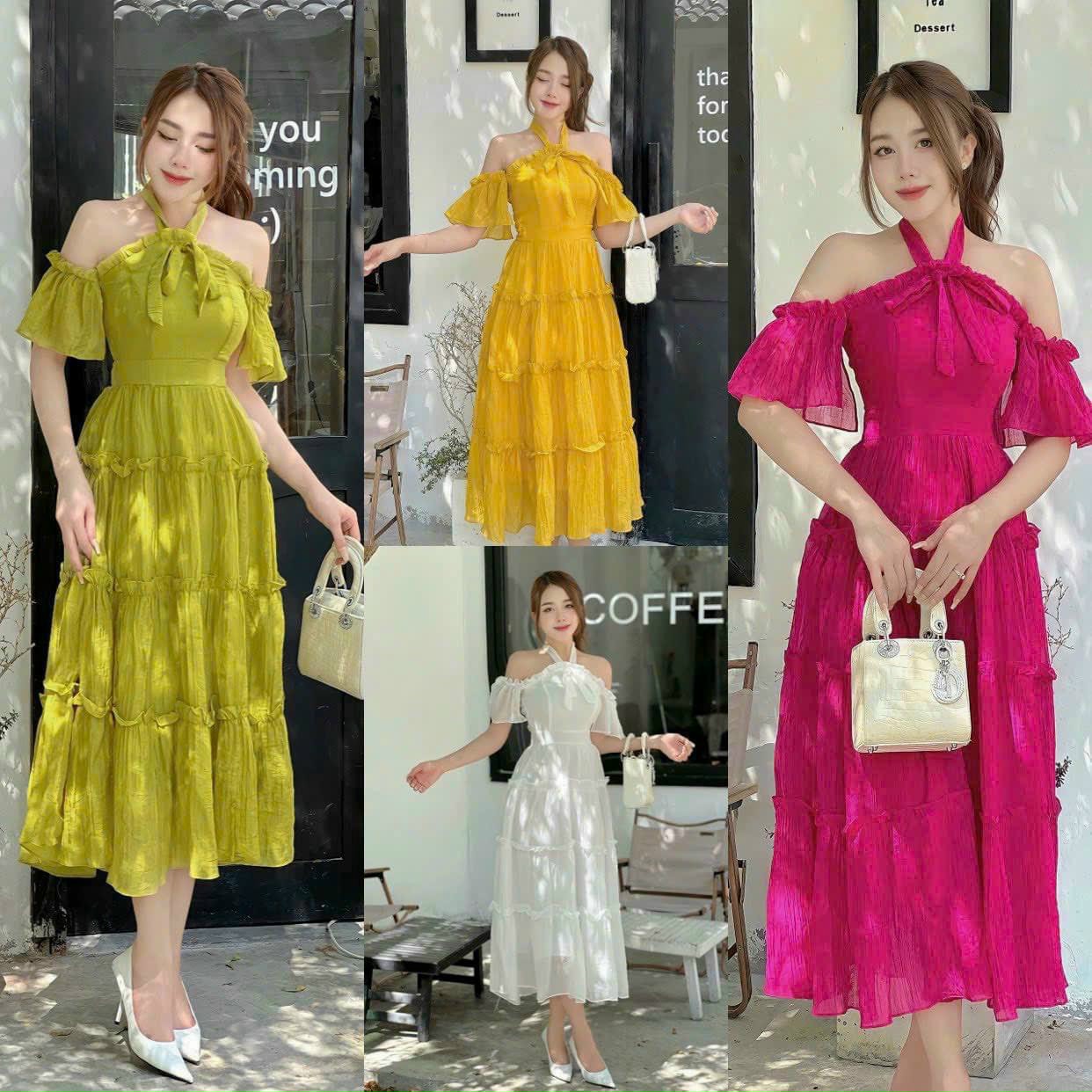 Đầm trễ vai tay bèo cột nơ cổ chạy mocking sau cực xinh