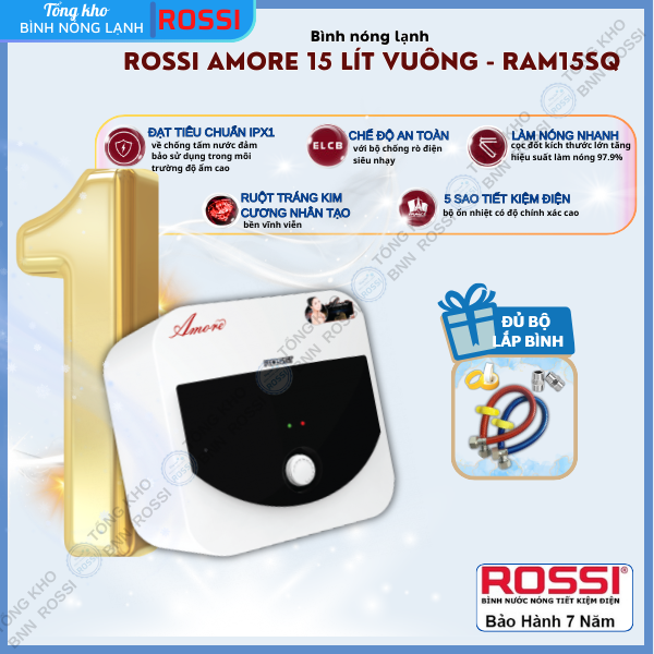 Bình nóng lạnh gián tiếp Rossi Amore 15 Lít Vuông, RAM15SQ- Bảo hành 7 năm, hàng chính hãng Tân Á Đại Thành