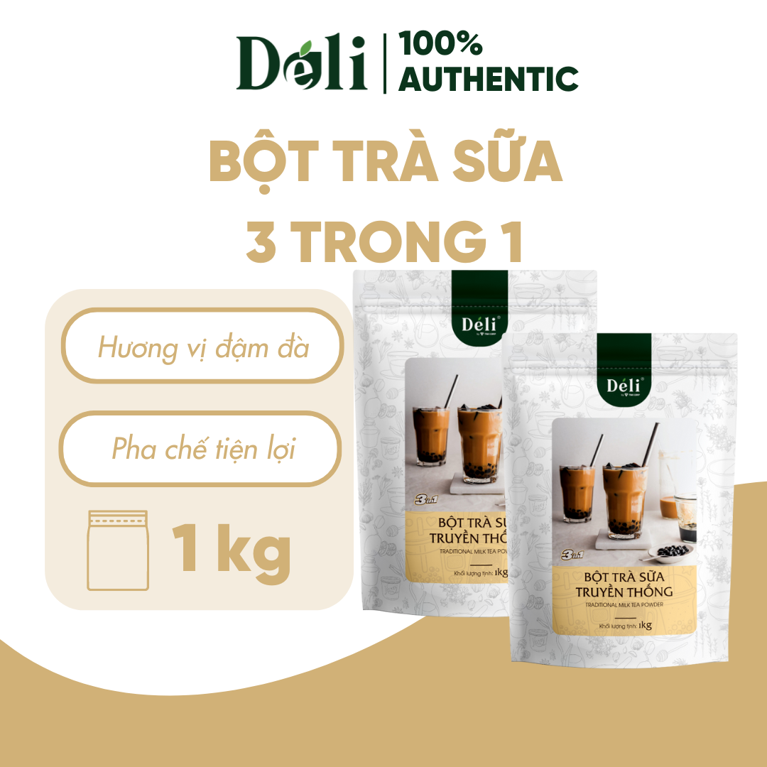 Combo 2 Túi Bột trà sữa truyền thống 3in1 Déli - 1kg pha chế trà sữa tiện lợi, nhanh chóng