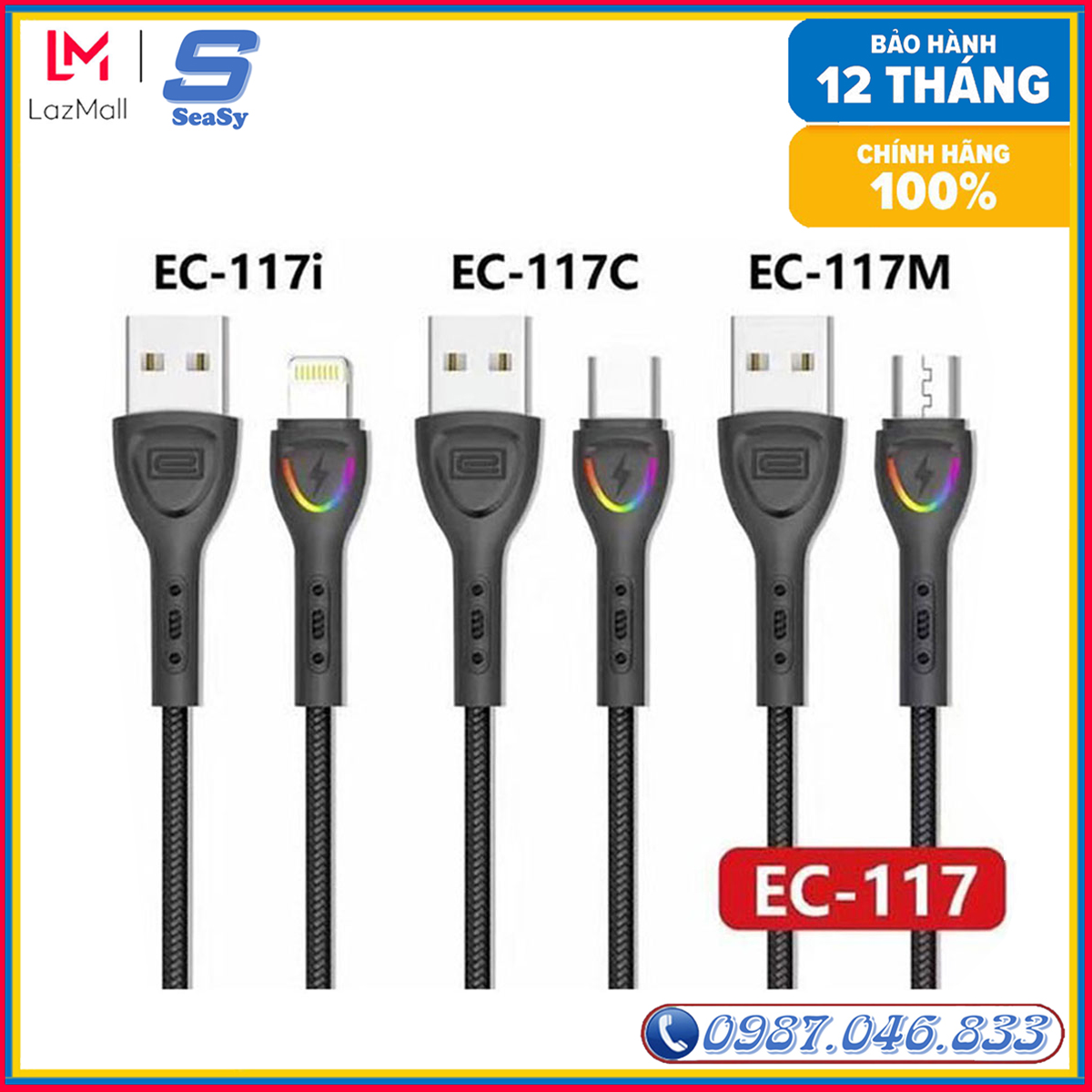 Cáp sạc bọc dù siêu bền Earldom EC - 117, dài 1m, hỗ trợ sạc nhanh 2.4A, có đèn Led báo, dùng cho iPhone/ Samsung/ Oppo/ Xiaomi - SEASY TECH