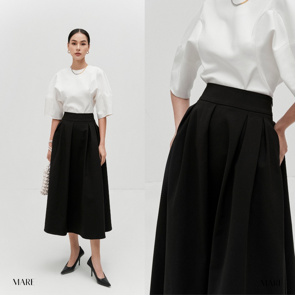 Mare - chân váy midi dáng dài xoè rộng màu đen - pastry midi skirt