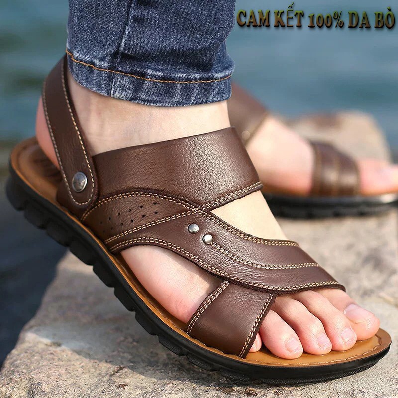 Dép nam da bò cao cấp đế cao su khâu