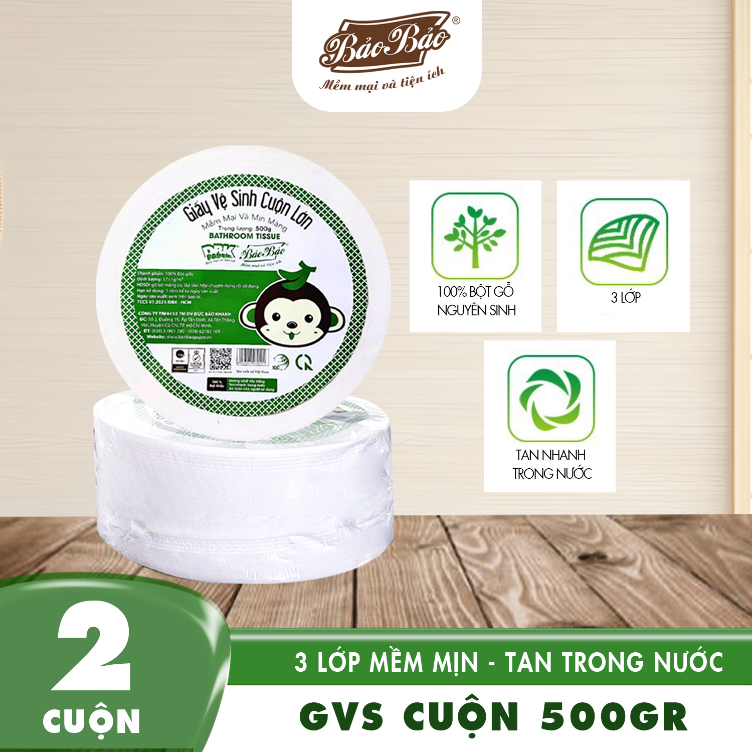 Combo 2 - 4 - 5 Rolls of Industrial Toilet Paper, Large Roll of 500g Bao Bao - Soft, Smooth, Dust-Free, Dissolves Quickly - 2