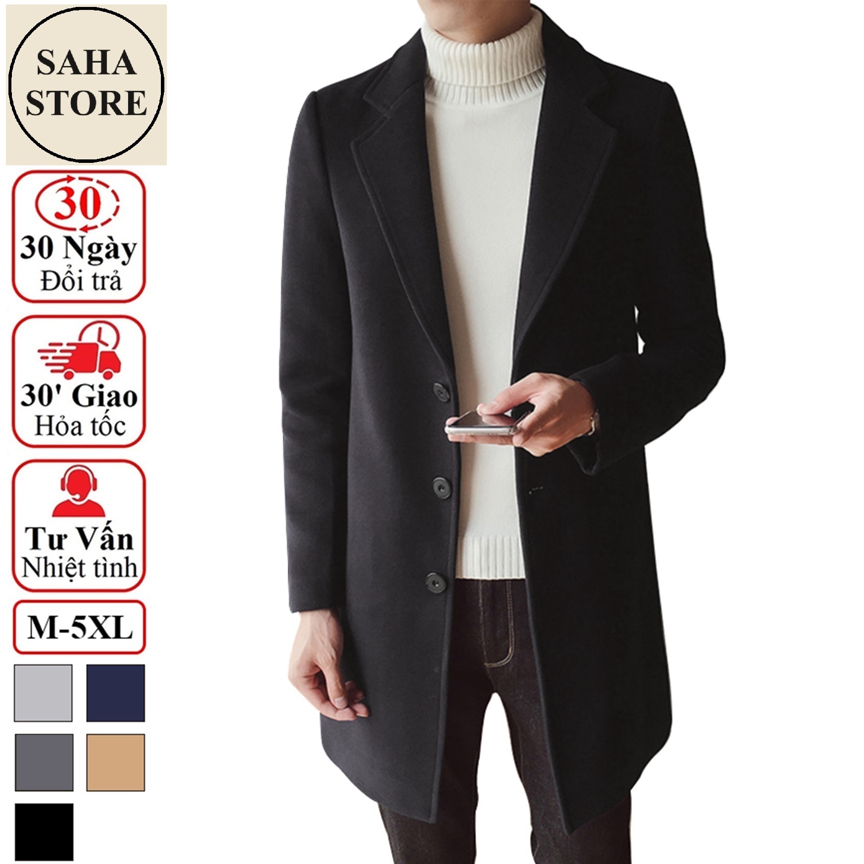 Áo măng tô nam dáng dài SAHA01 khoác dạ hàn quốc blazer mangto giá rẻ đen xanh vàng bigsize 3XL 4XL 5XL trench coat men