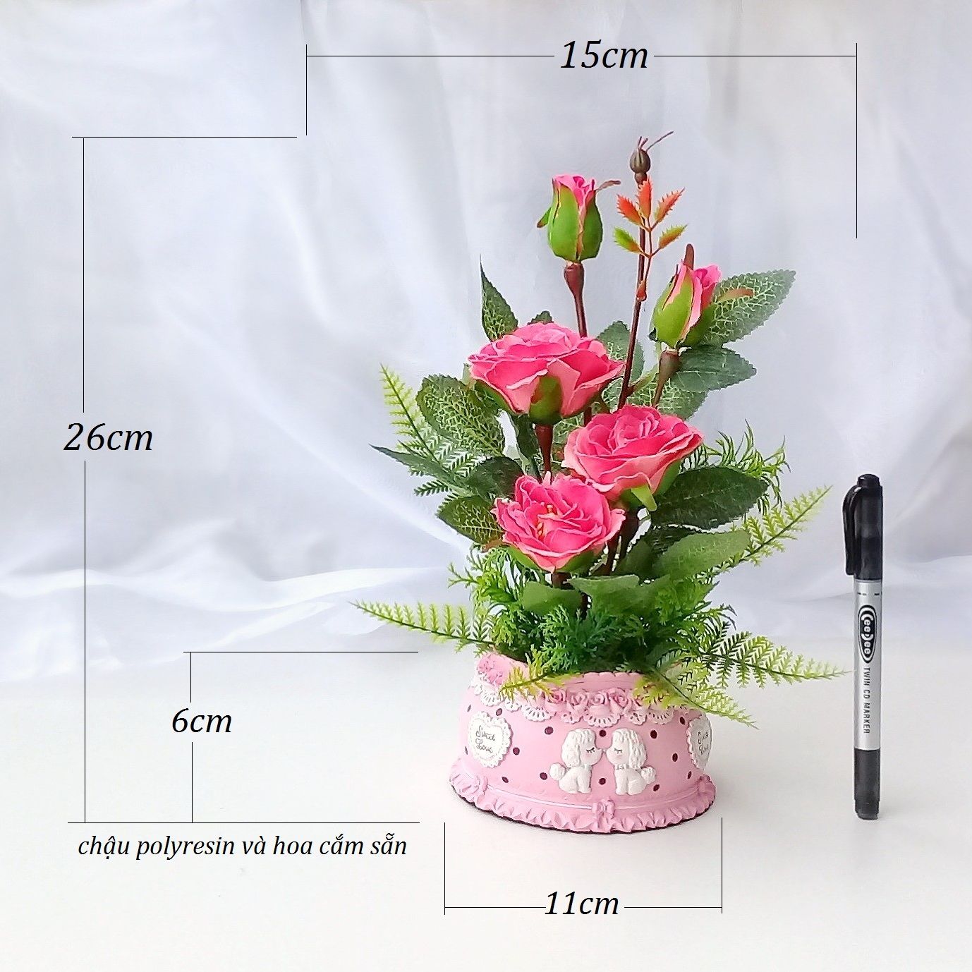 Chậu hoa giả hồng tường vy - hoa giả màu đỏ - hoa trang trí nhỏ