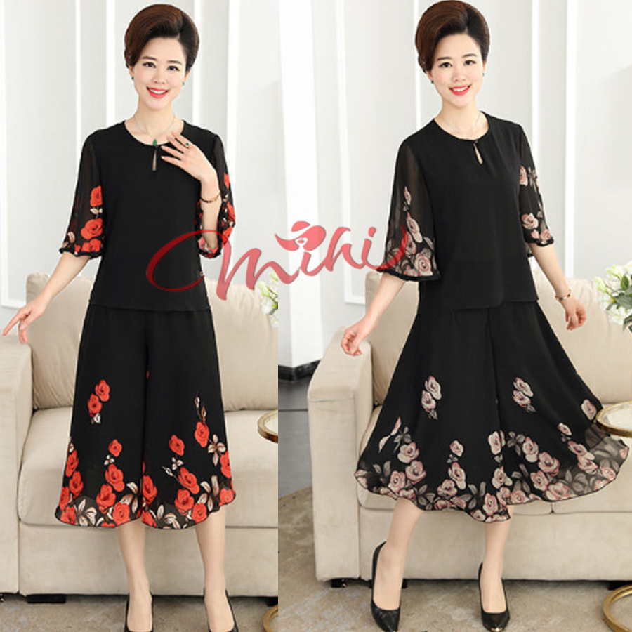 Set Bộ đồ trung niên nữ đẹp B75b - Đồ bộ mặc nhà cao cấp dự tiệc sang trọng mặc dài qua gối - Shop quần áo kiểu thời trang cho mẹ, cho bà, cho người lớn tuổi, trung tuổi U40 U50 U60 U70 mặc mùa hè, thu đông giá rẻ Bigsize