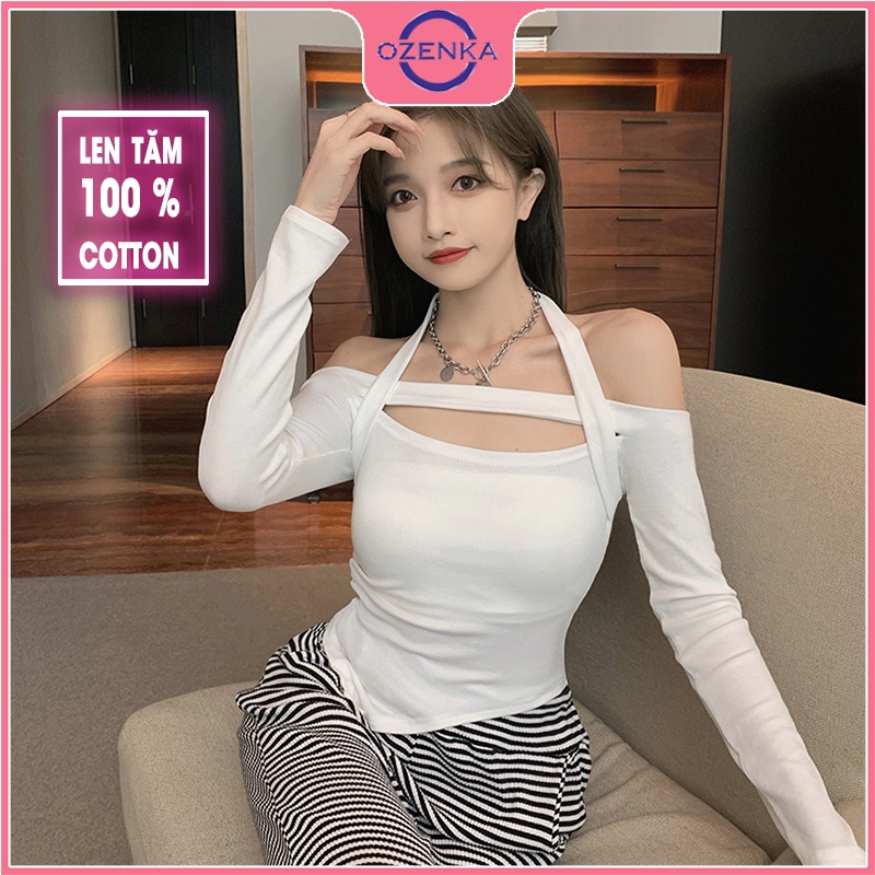 Áo croptop tay dài trễ vai ôm body OZENKA , áo bẹt vai crt len tăm 100% cotton đẹp đen trắng free sze dưới 52 kg