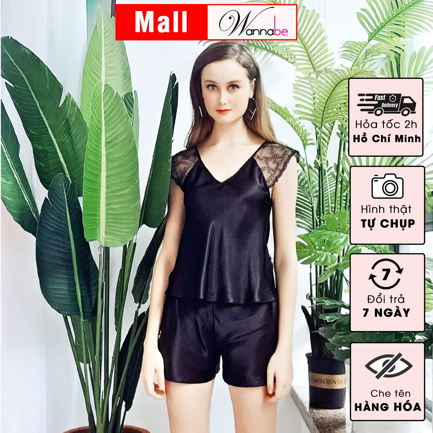 Đồ bộ mặc nhà phi lụa Wannabe, bộ sọt BSS06 tay áo phối ren nữ tính