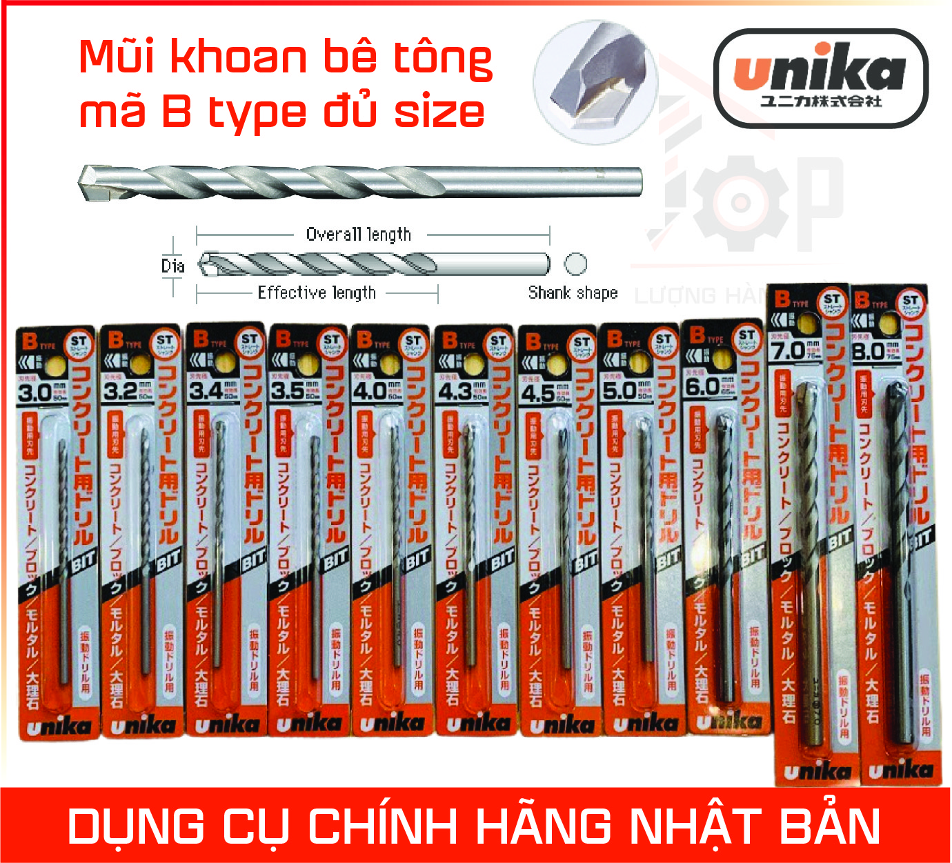 [HCM] [FREE SHIP] Mũi khoan Bê Tông loại tốt Unika của Nhật khoan được trên nhiều chất liệu Tường Bê Tông, Tường Gạch, Tường Block, Đá, Vữa mã B Unika đuôi trơn (Búa)