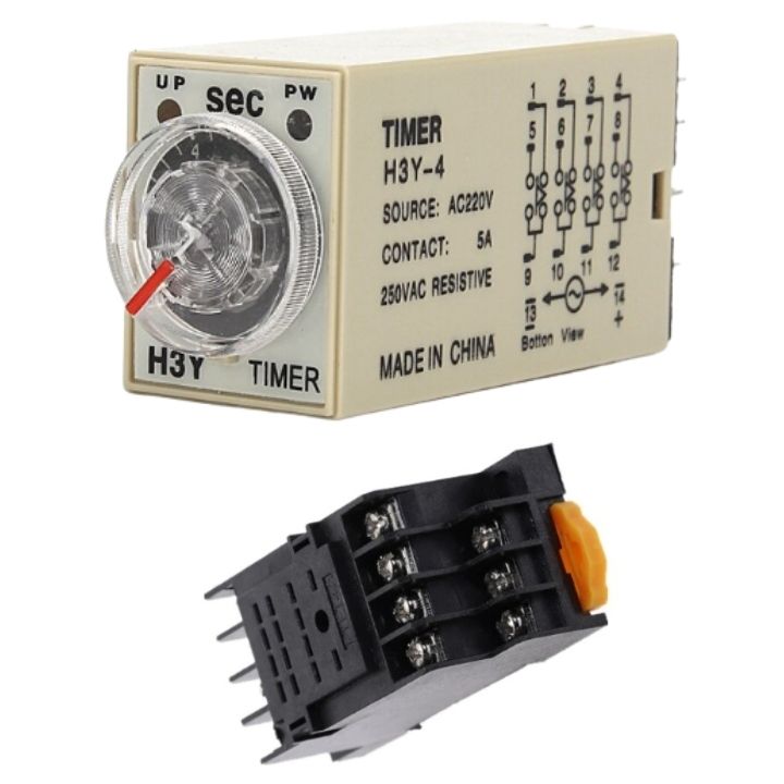 Timer Mini H3y-4 Rơ Le Thời Gian 14 Chân Dẹp Nhỏ Có 4 Bộ Tiếp Điểm No+Nc Tặng Kèm Chân Đế Pyf14a