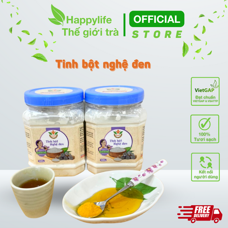 Tinh bột nghệ đen nguyên chất happylife hộp 500g - đẹp dáng, sáng da, mờ thâm nám, tốt cho dạ dày, ngừa u.n.g t.h.ư