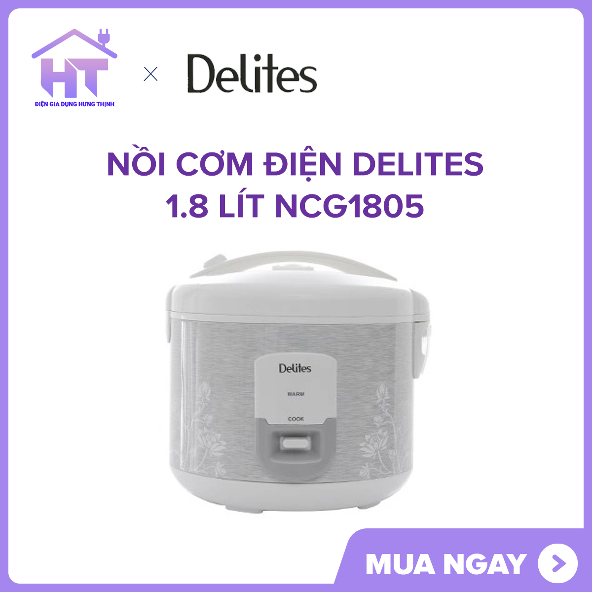 Nồi cơm điện Delites 1.8 lít NCG1805 TRƯNG BÀY Lòng nồi hợp kim nhôm tráng men chống dính dễ dàng vệ sinh. Công nghệ nấu 1D cho cơm chín nhanh, đều và ngon.-Bảo Hành 12 tháng