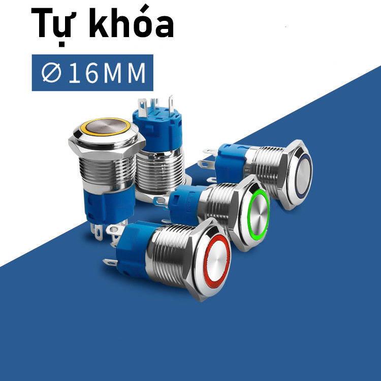 Nút công tắc inox nhấn tự khóa 16mm, loại có đèn led