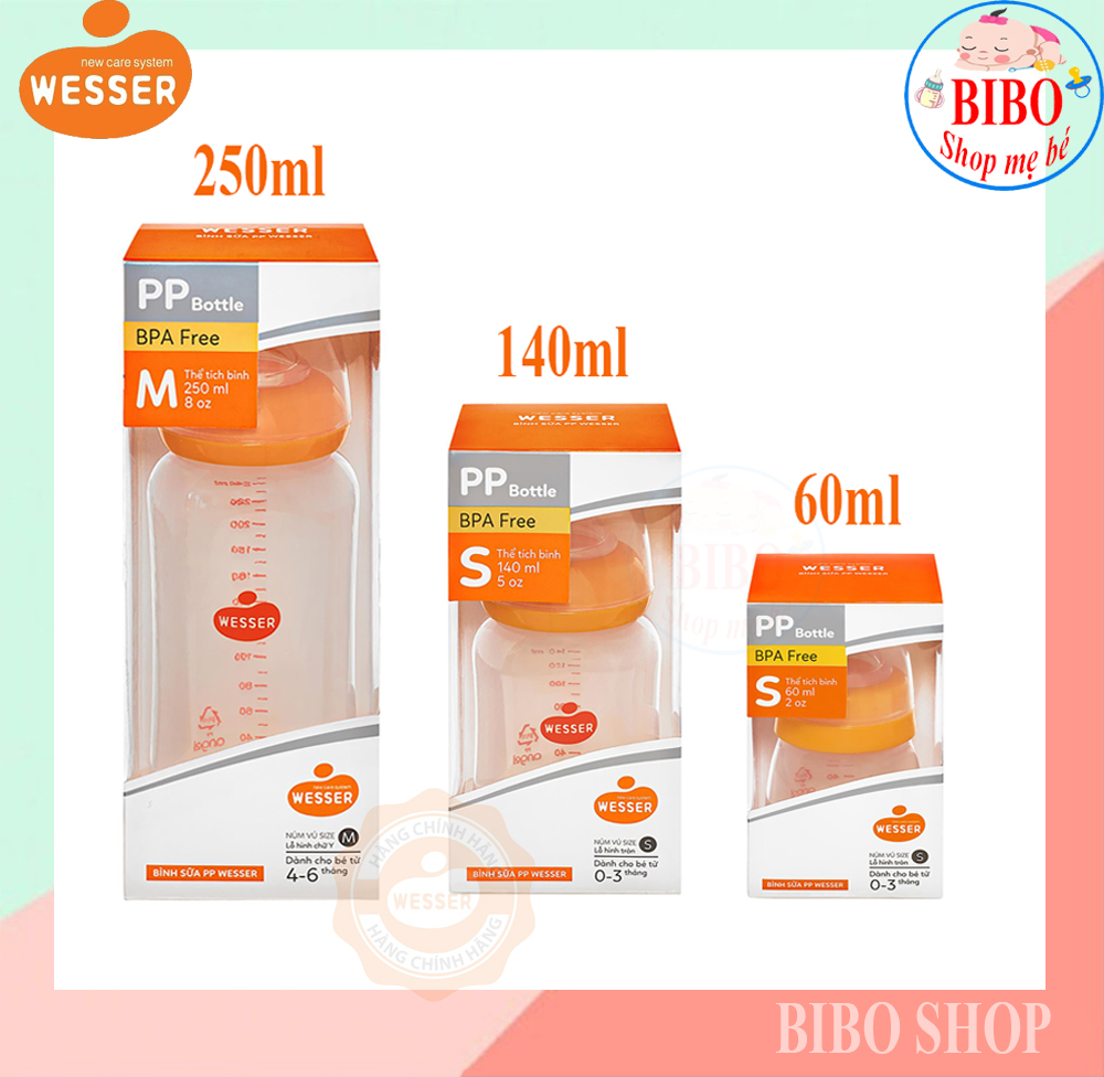 Bình sữa wesser cổ hẹp nhựa pp/ppsu thể tích 60ml/140ml/250ml nhựa an toàn cho bé, có kèm núm ty