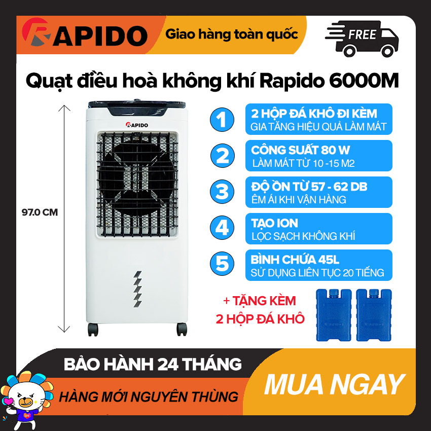 Quạt điều hòa không khí Rapido 6000M Làm Mát Dưới 25m2, Bình Chứa 45L, Điều Khiển Cơ, Công Suất 80W, Tự Tắt Bơm Khi Hết Nước, Quạt Làm Mát Giá Rẻ - Bảo Hành 2 Năm